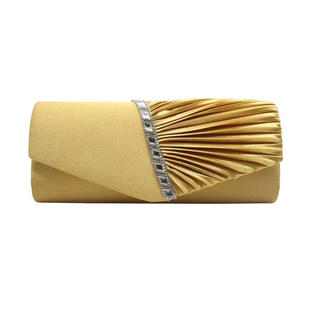 Gold Pleated Rhinestone Clutch Bag for Women