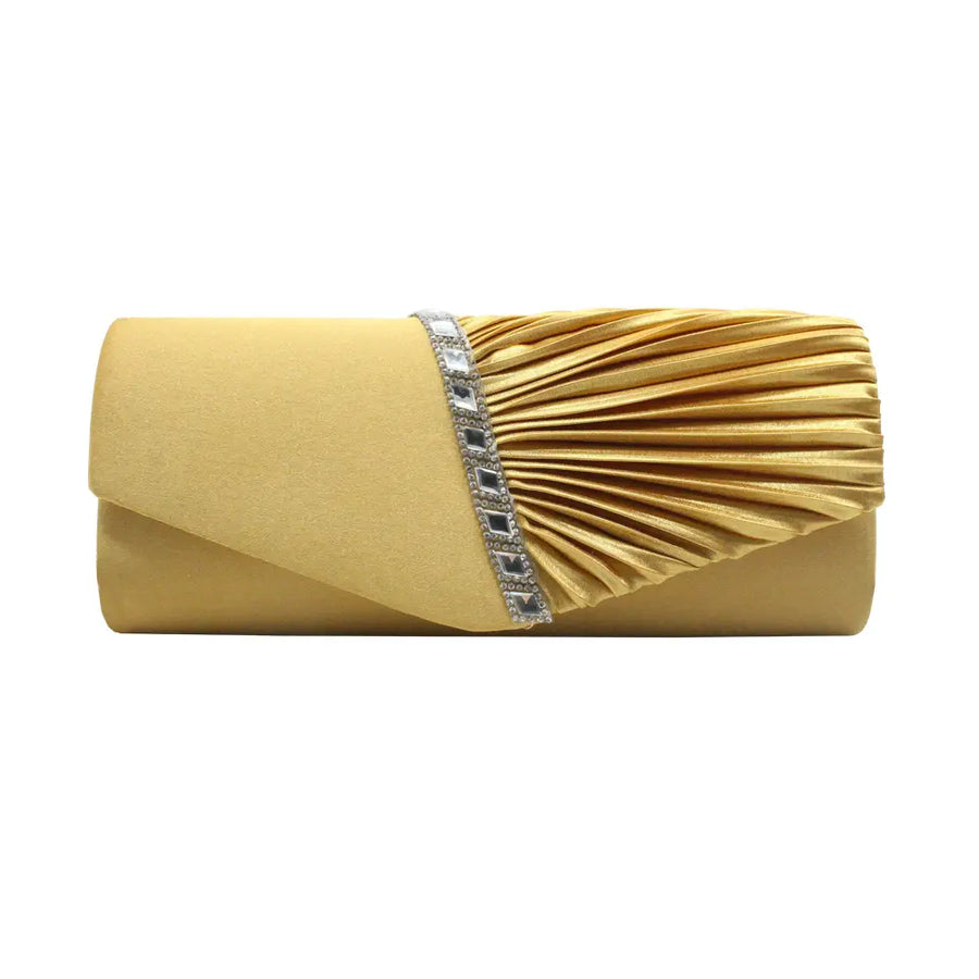 Gold Pleated Rhinestone Clutch Bag for Women
