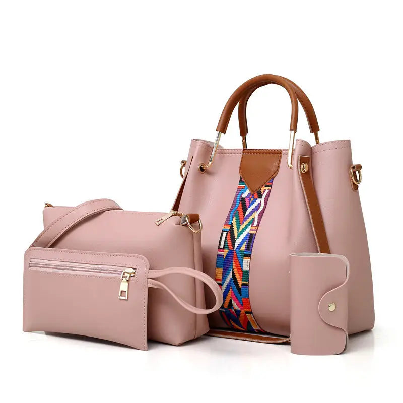 Pink Leather 4-Piece Bag Set with Geometric Strap