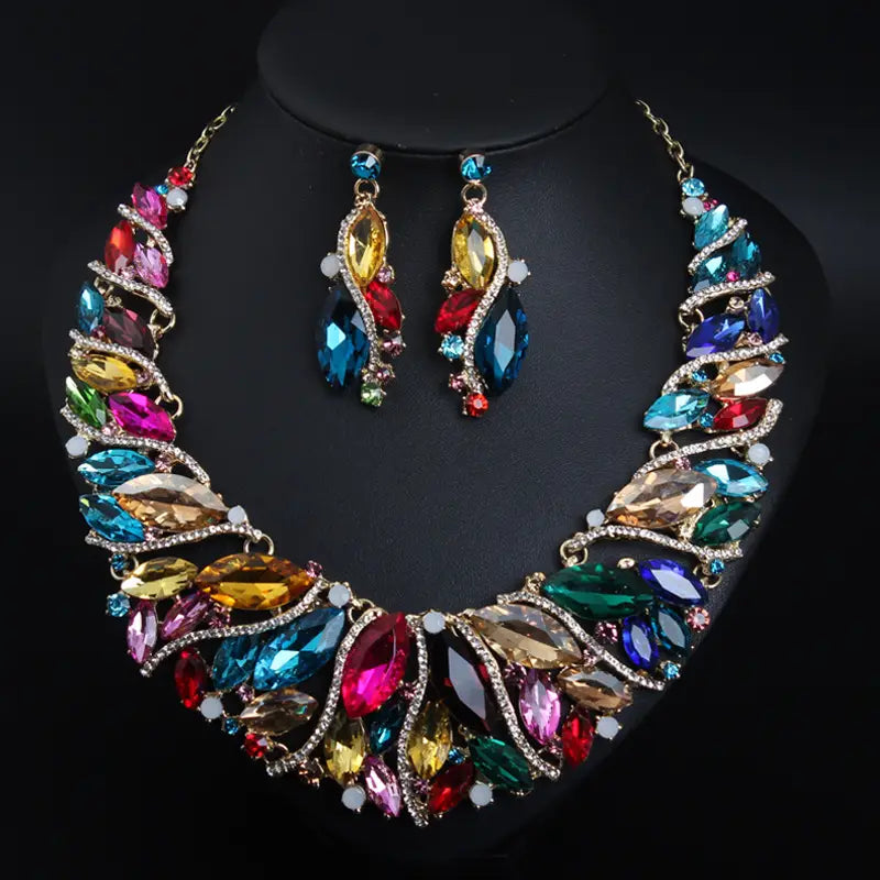 Colorful Crystal Necklace Earrings Set for Women