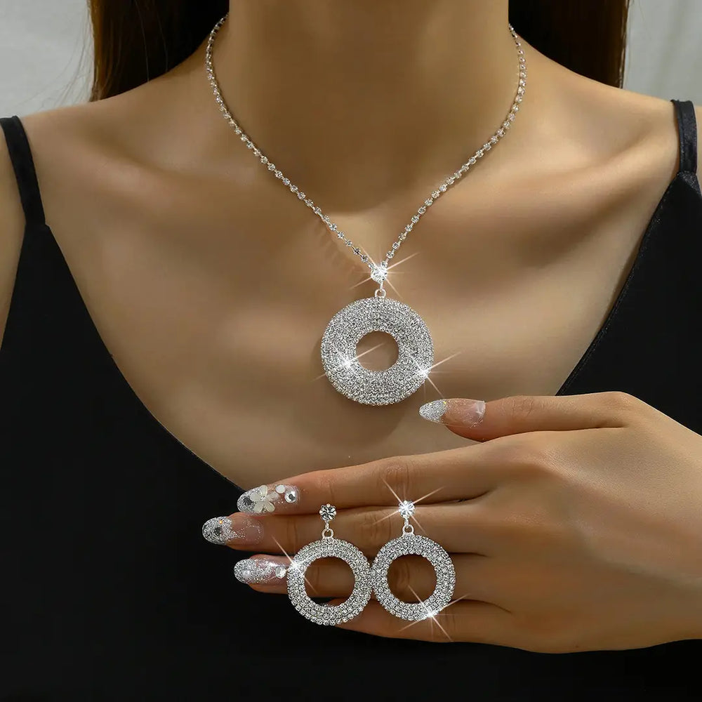 Large Silver Diamond Pendant Set for Women