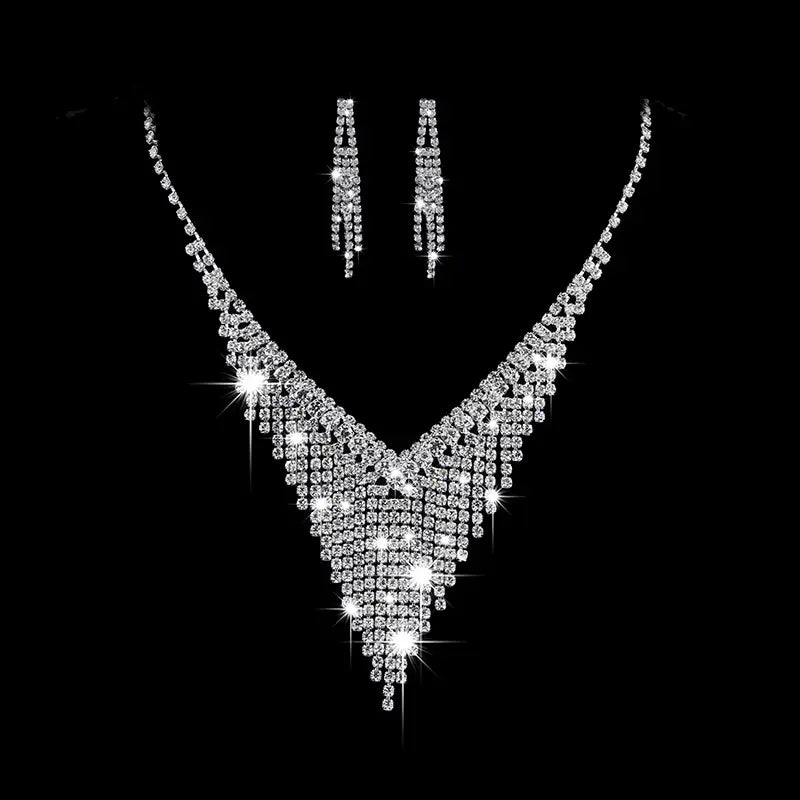 Diamond V-Neck Necklace & Earrings Set for Bridal Wear