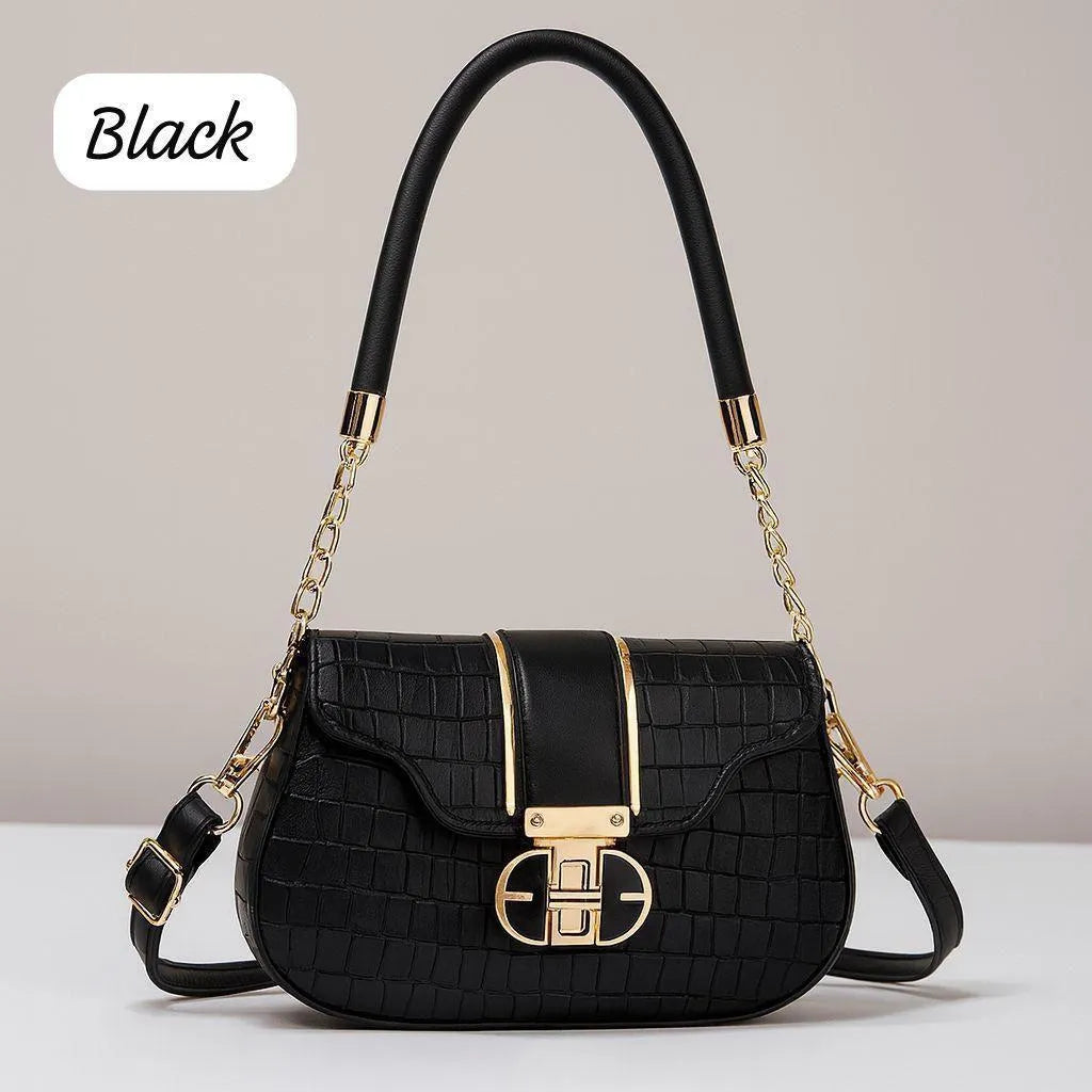 Black Croc Embossed Shoulder Bag with Gold Hardware for Girls