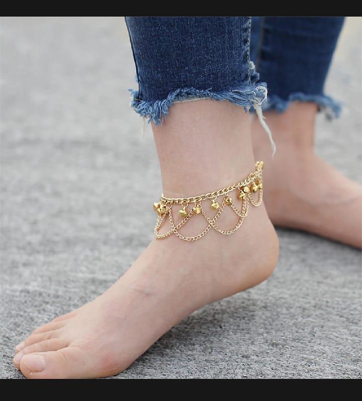Gold Plated Bells Anklet for Women Adjustable Wedding Party Wear