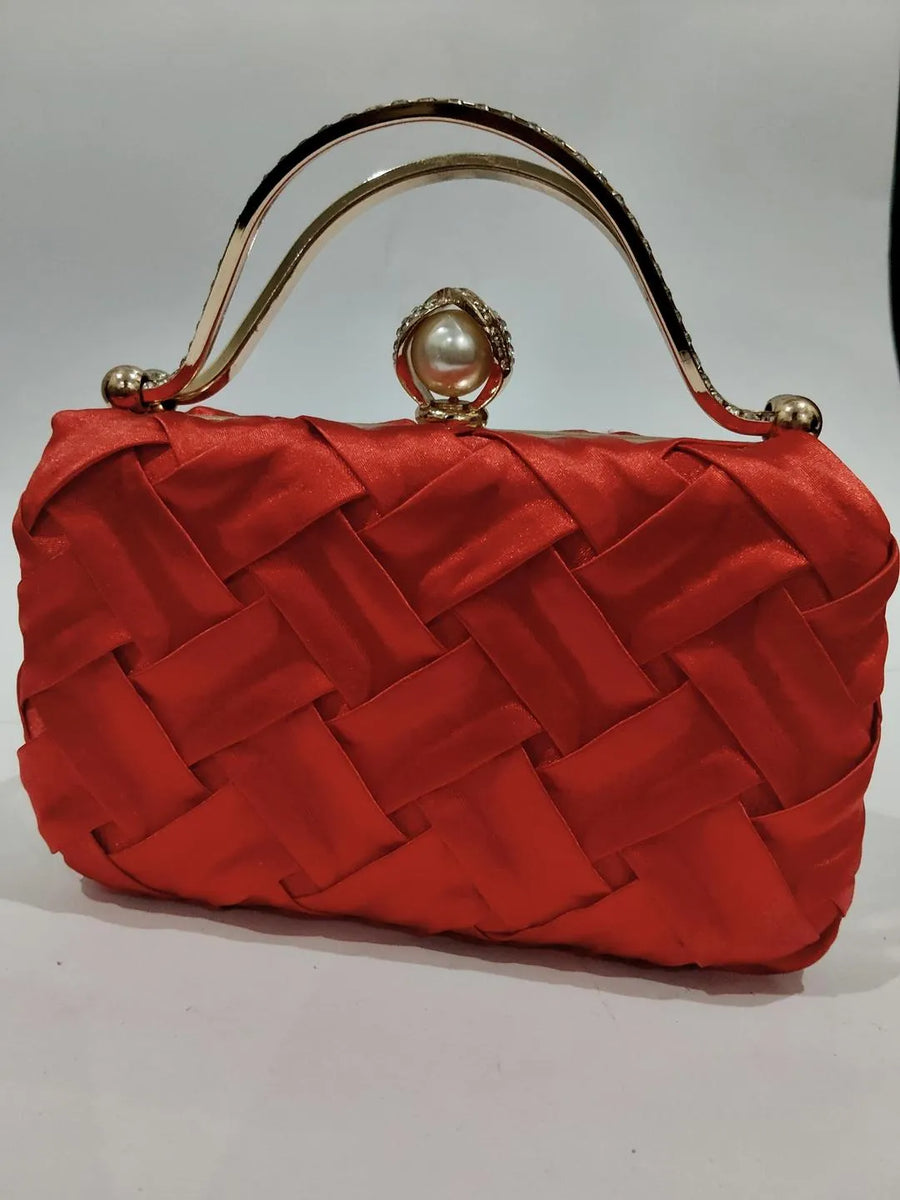 Red Woven Clutch Pearl Clasp 7x4 Inch