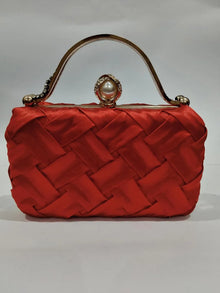 Red Woven Clutch Pearl Clasp 7x4 Inch